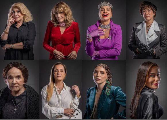 Suzana Vieira, Renata Sorrah, Flávia Alessandra e Lilia Canra na fileira de cima. Em baixo, Joana Fomm, Adriane Esteves, Letícia Collin e Glória Pires. Todas vestidas como as vilãs que marcaram suas carreiras.