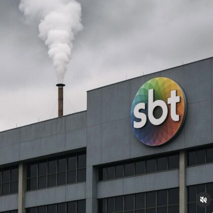 Chaminé com fumaça preta num prédio com logo do SBT
